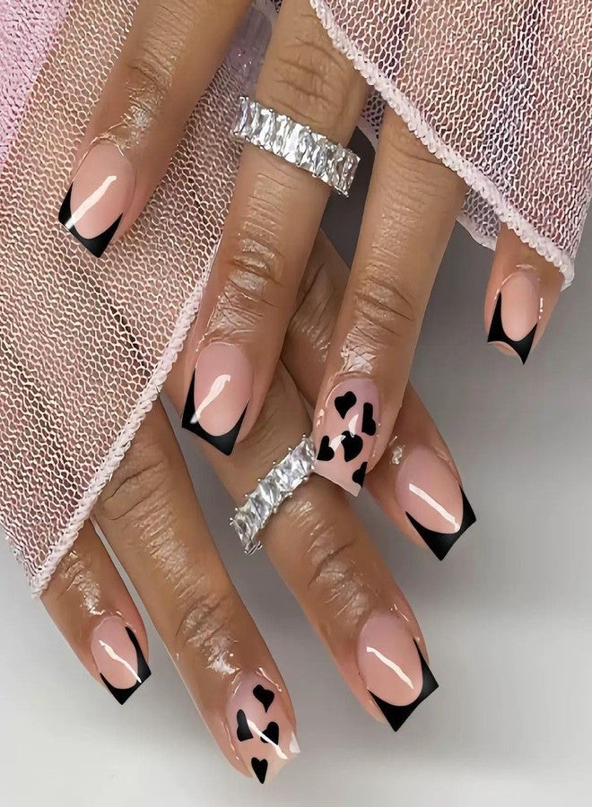 HJKDSFD 24Pcs Black French Tip Press on Nails Valentines Short Square Fake Nails Black Hearts Stick on Nail Nude Glossy Glue on Nails Cute Natural Acrylic Artificial Nail for Women Manicure - Image 1